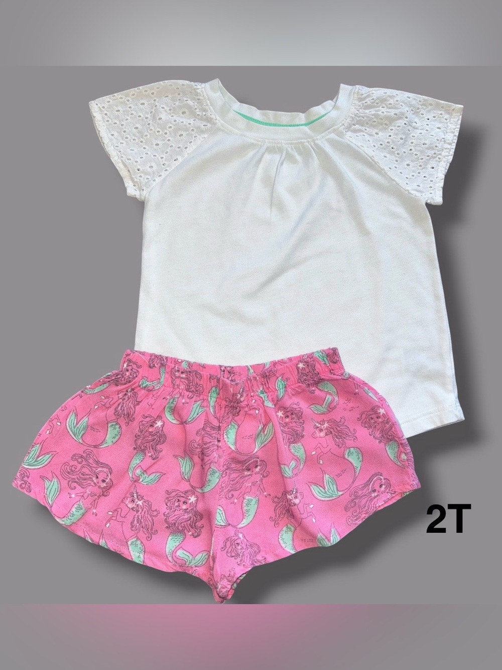 Cat & Jack White Eyelet Top with Pink Mermaid Print Shorts Size 2T